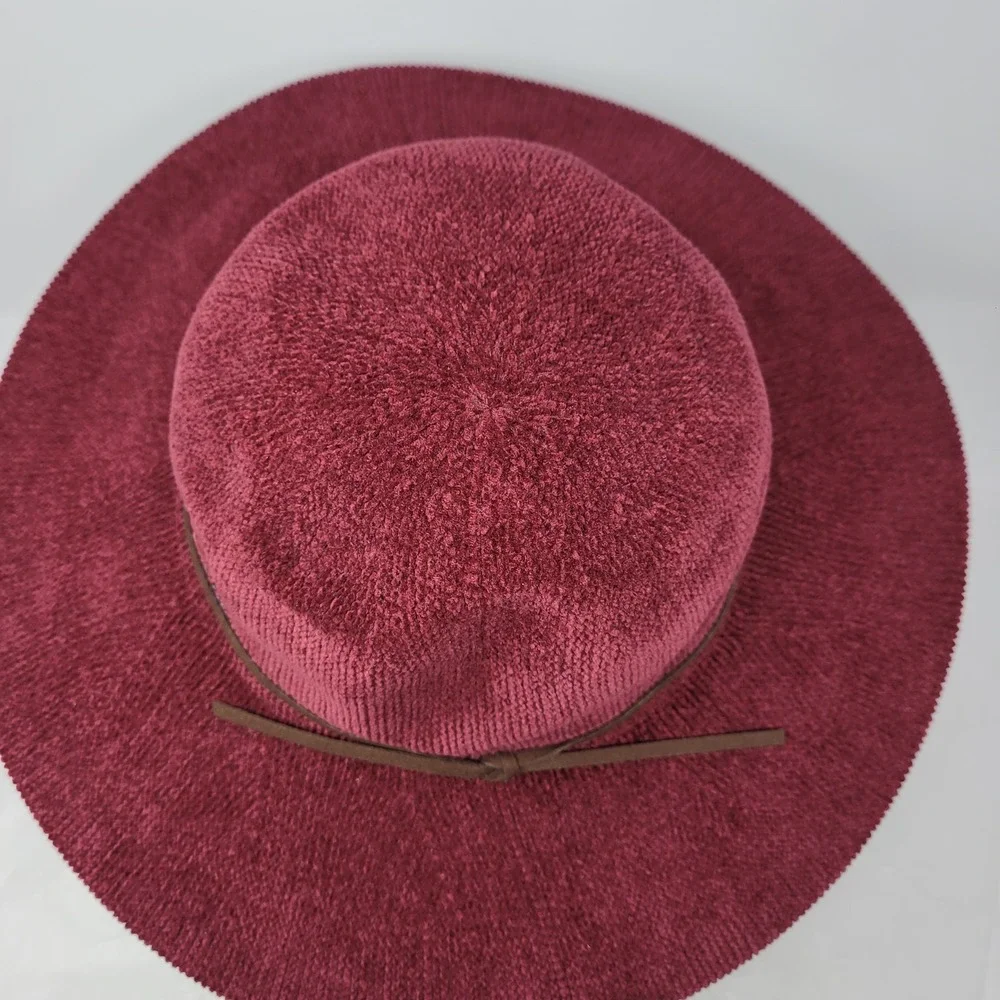 Maroon Burgundy Wide-brim Floppy Hat Knit Faux Leather Band Adjustable‎ Boho